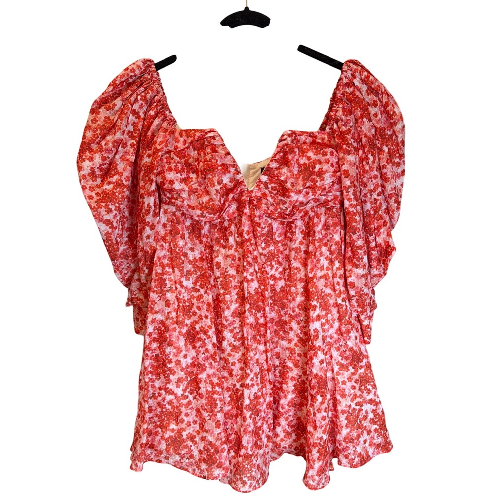Bardot Lani Red Floral Puff Sleeve Ramie Blouse Sweetheart Neck Top Size US 6 M